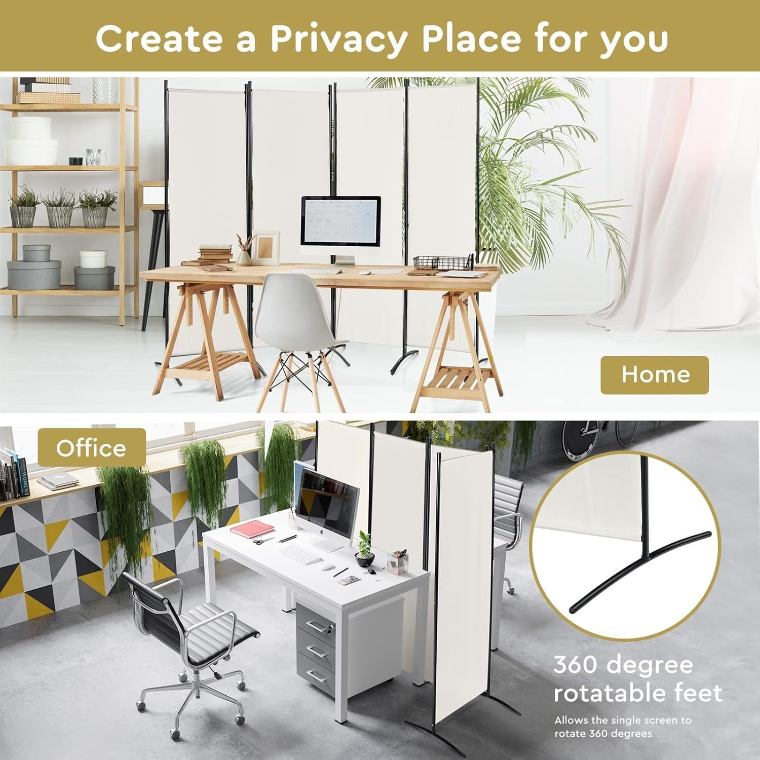 4 Panel Folding Room Divider Privacy Screen Freestanding Partition Wall Cream