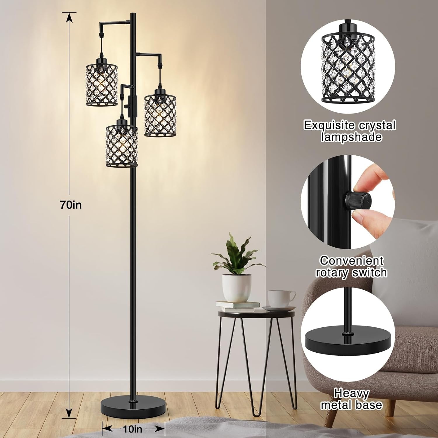 Black Crystal Floor Lamp 3 Light Standing Tall Modern Living Room Light