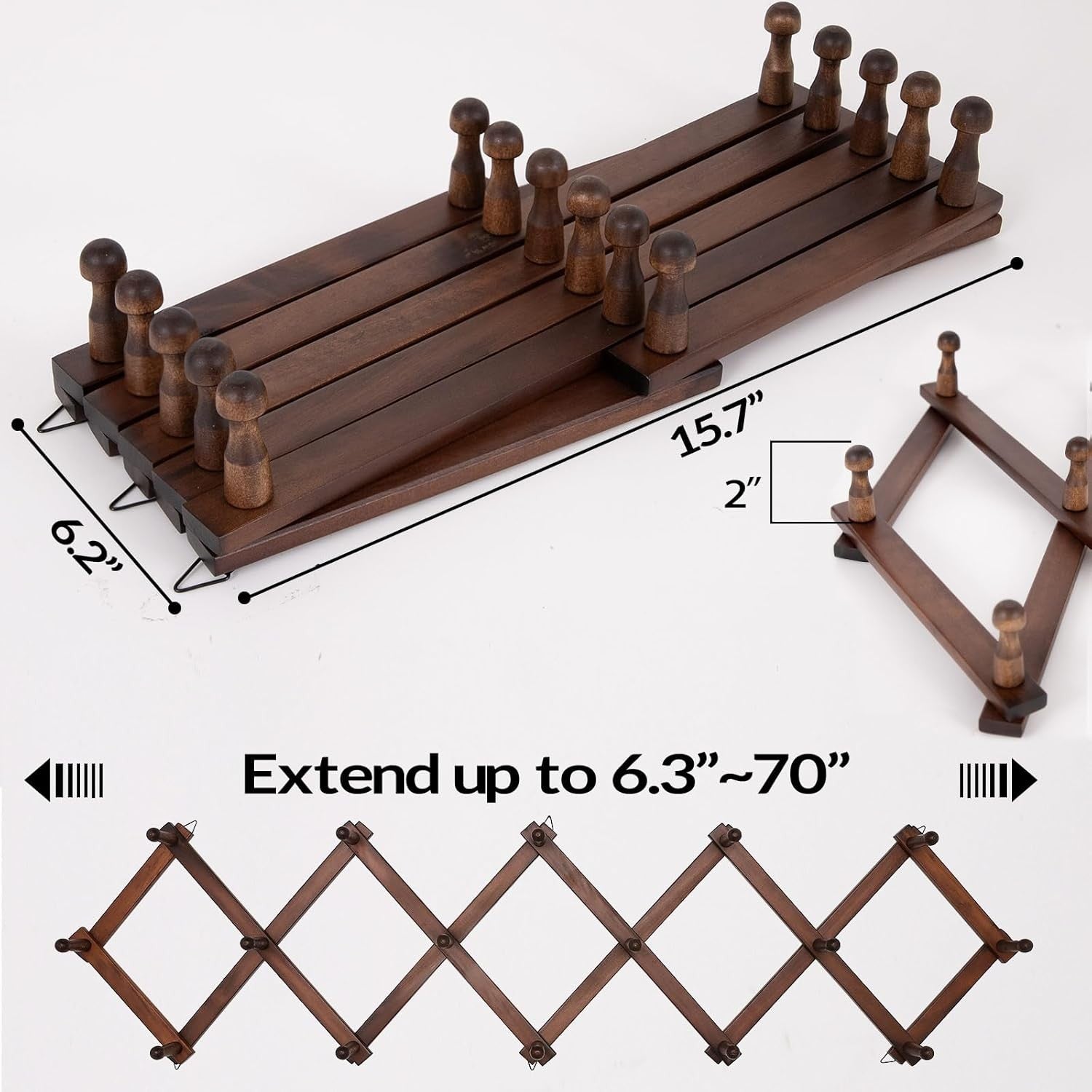 Expandable Wooden Wall Hat Rack 16 Hooks Rustic Foldable Coat Hanger Stand