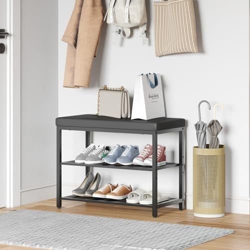Black 3-Tier Shoe Bench with Cushion Seat – Industrial Hallway Organizer