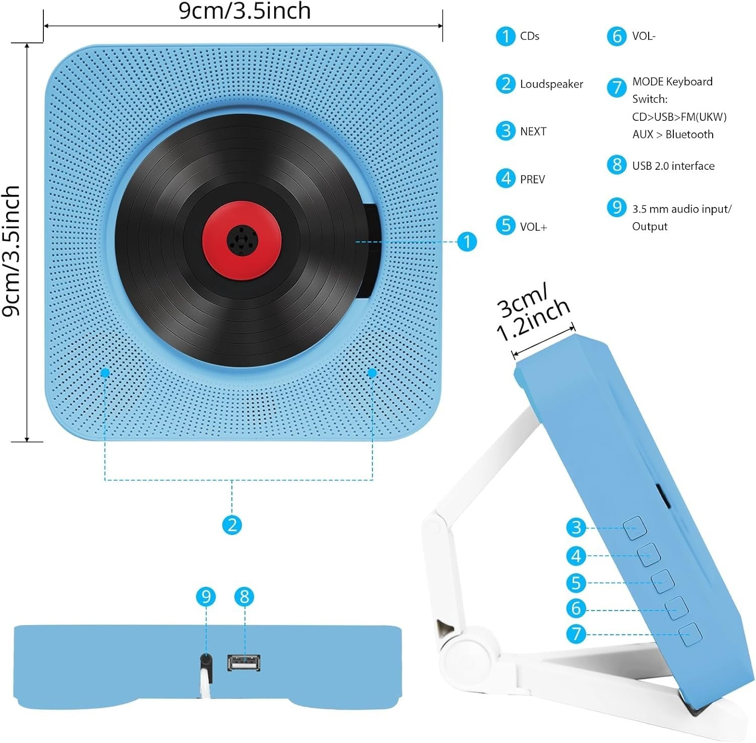 Portable CD Player Bluetooth FM Radio HiFi Speakers Remote Wall Mount