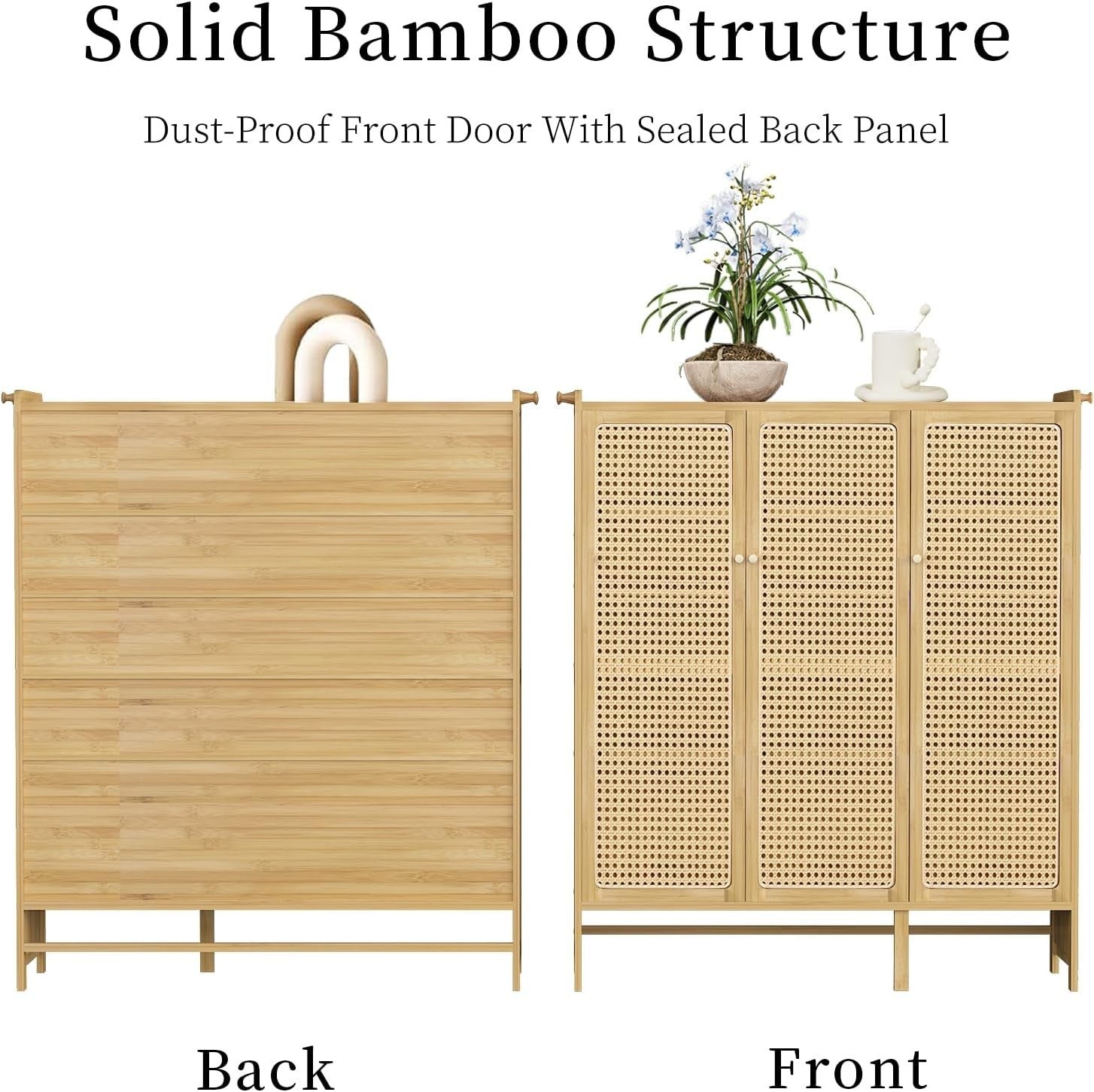 Large 5-Tier Bamboo Shoe Cabinet with Rattan Doors & Side Hooks, Slim Organizer