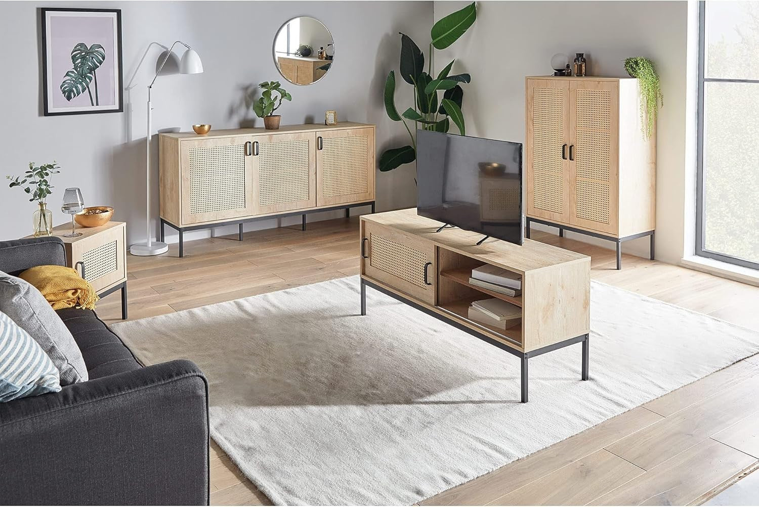 Scandi Rattan Sideboard Cabinet 3 Door Storage Unit Light Wood
