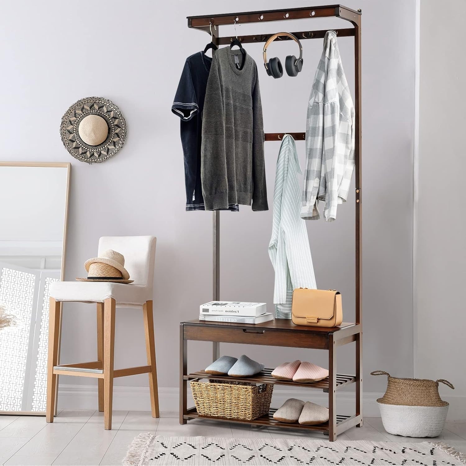 3-in-1 Bamboo Coat Rack Stand with Shoe Storage & Hooks for Entryway