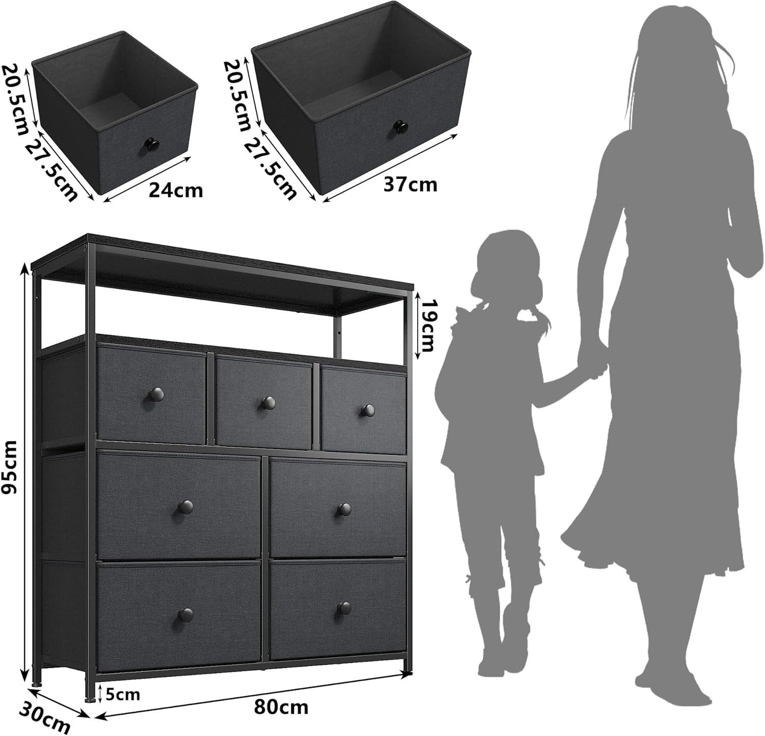 7-Drawer Black Grey Fabric Chest with 2-Tier Shelf – Bedroom & Living Storage
