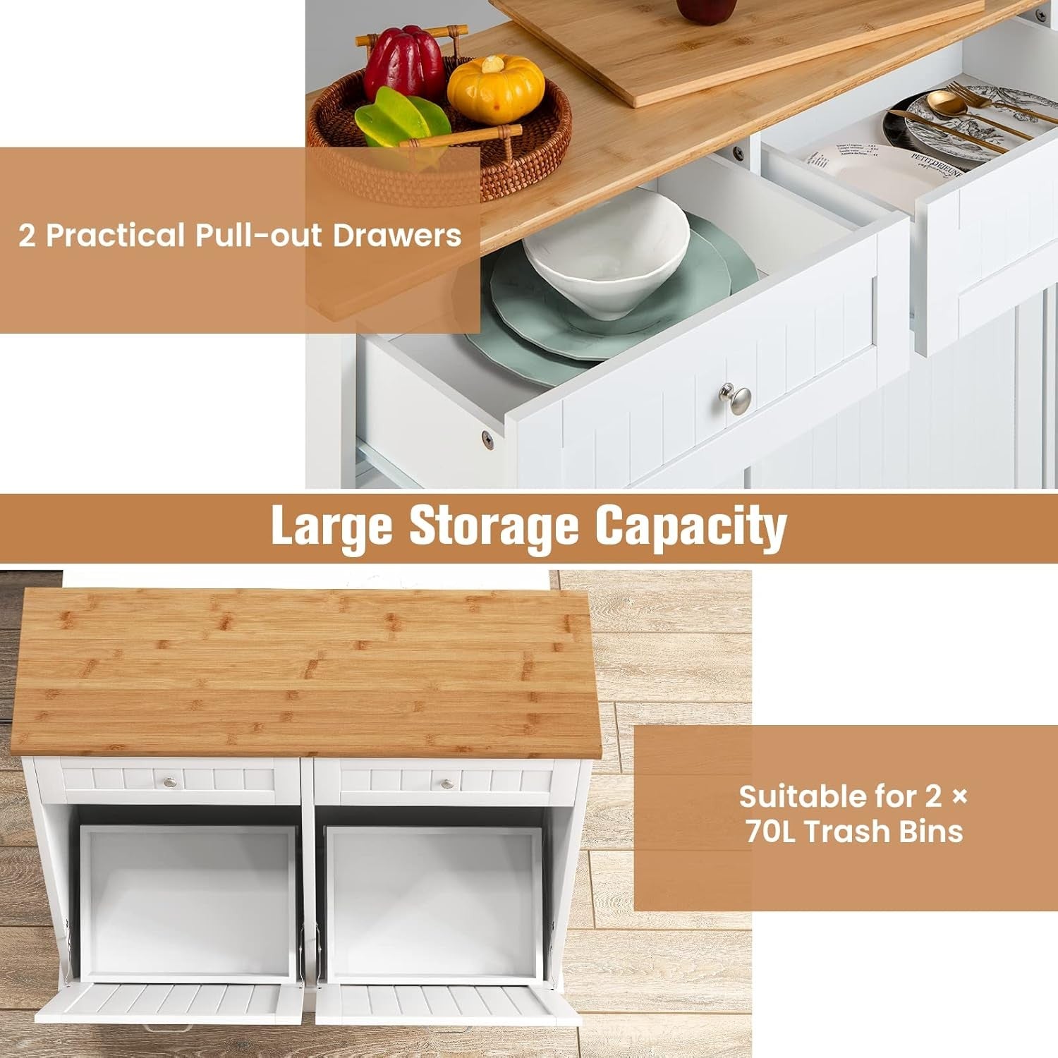 100L Tilt-Out Laundry Cabinet with Drawers & Bamboo Top – Freestanding Sideboard