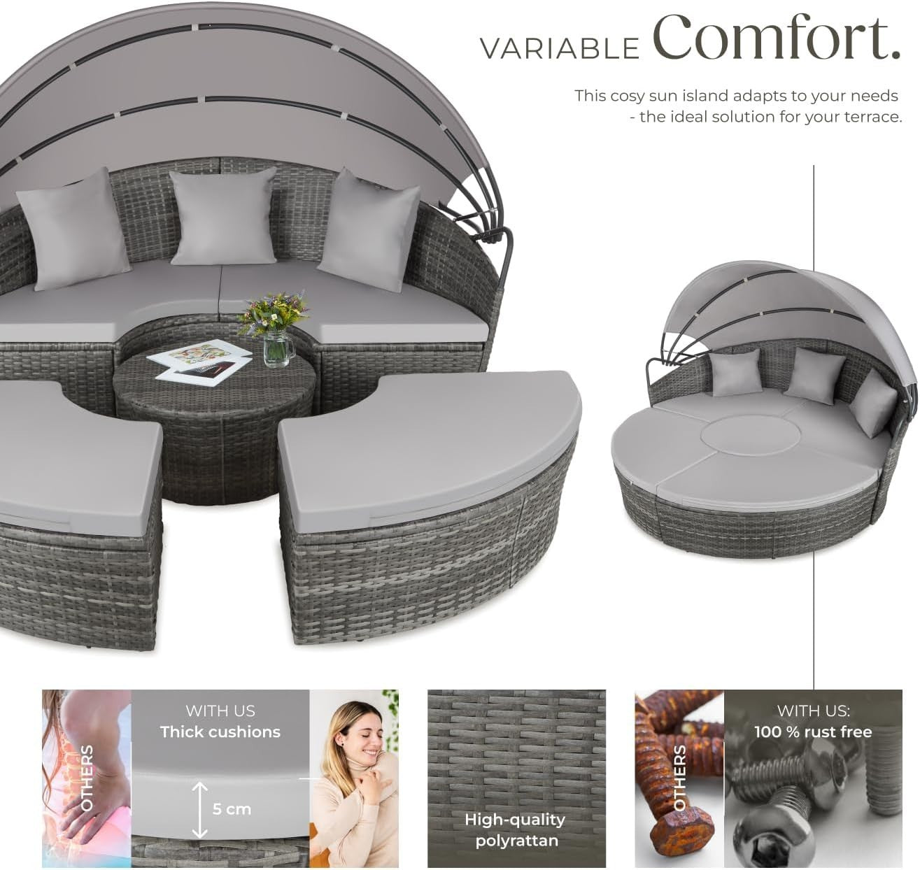 5-Piece Modular Rattan Garden Daybed Set with Adjustable Canopy & Cushions