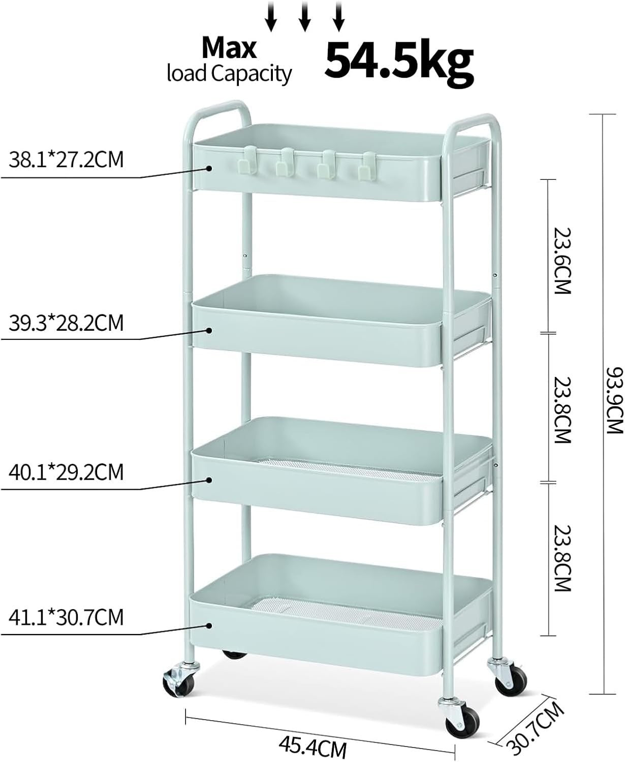 4 Tier Metal Storage Trolley on Wheels Utility Cart