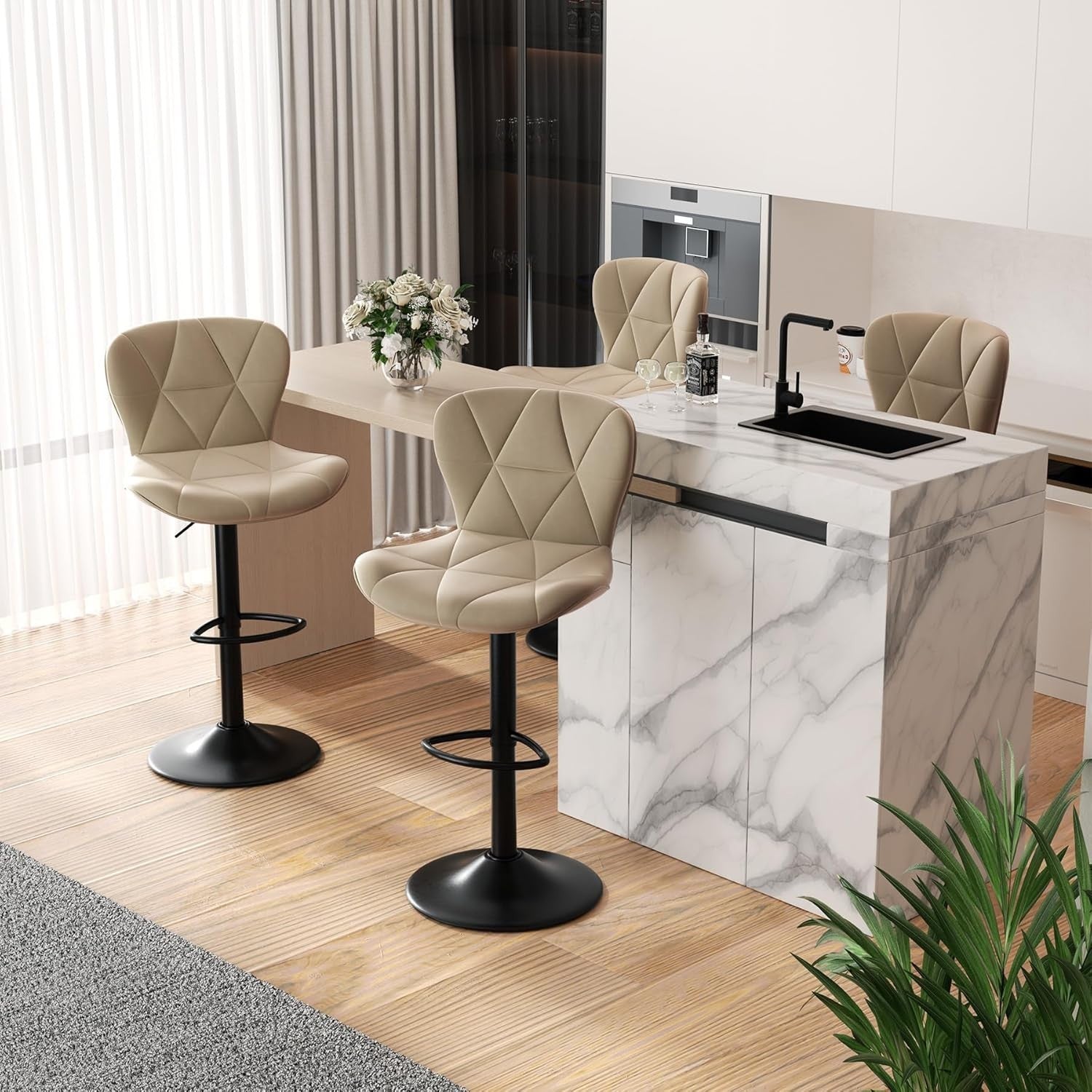 Adjustable Swivel Bar Stools Set of 2 Faux Leather Counter Height Khaki