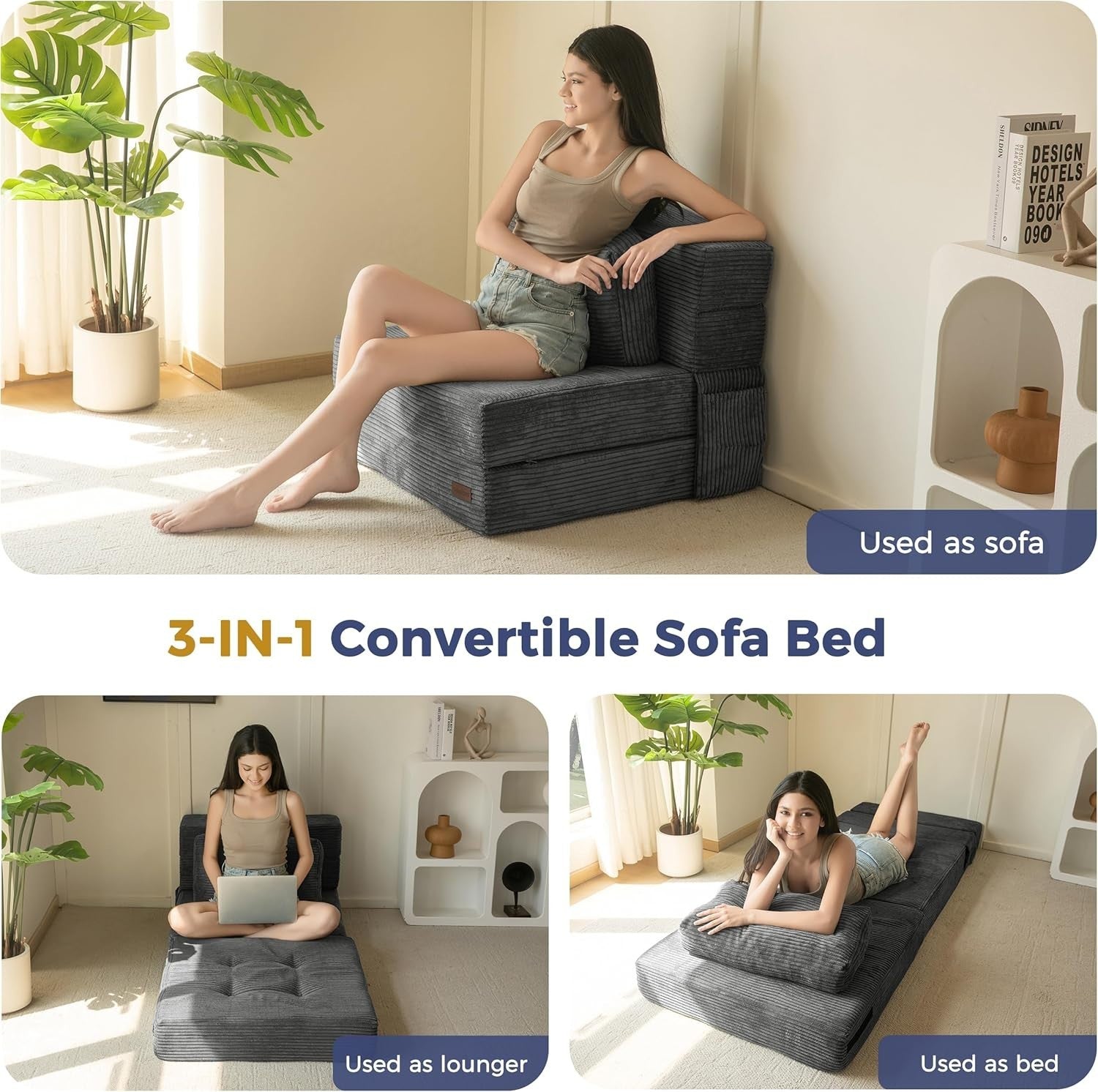 Tri-Fold Folding Sofa Bed Chair Futon Single Z Bed Foam Mattress Lounge