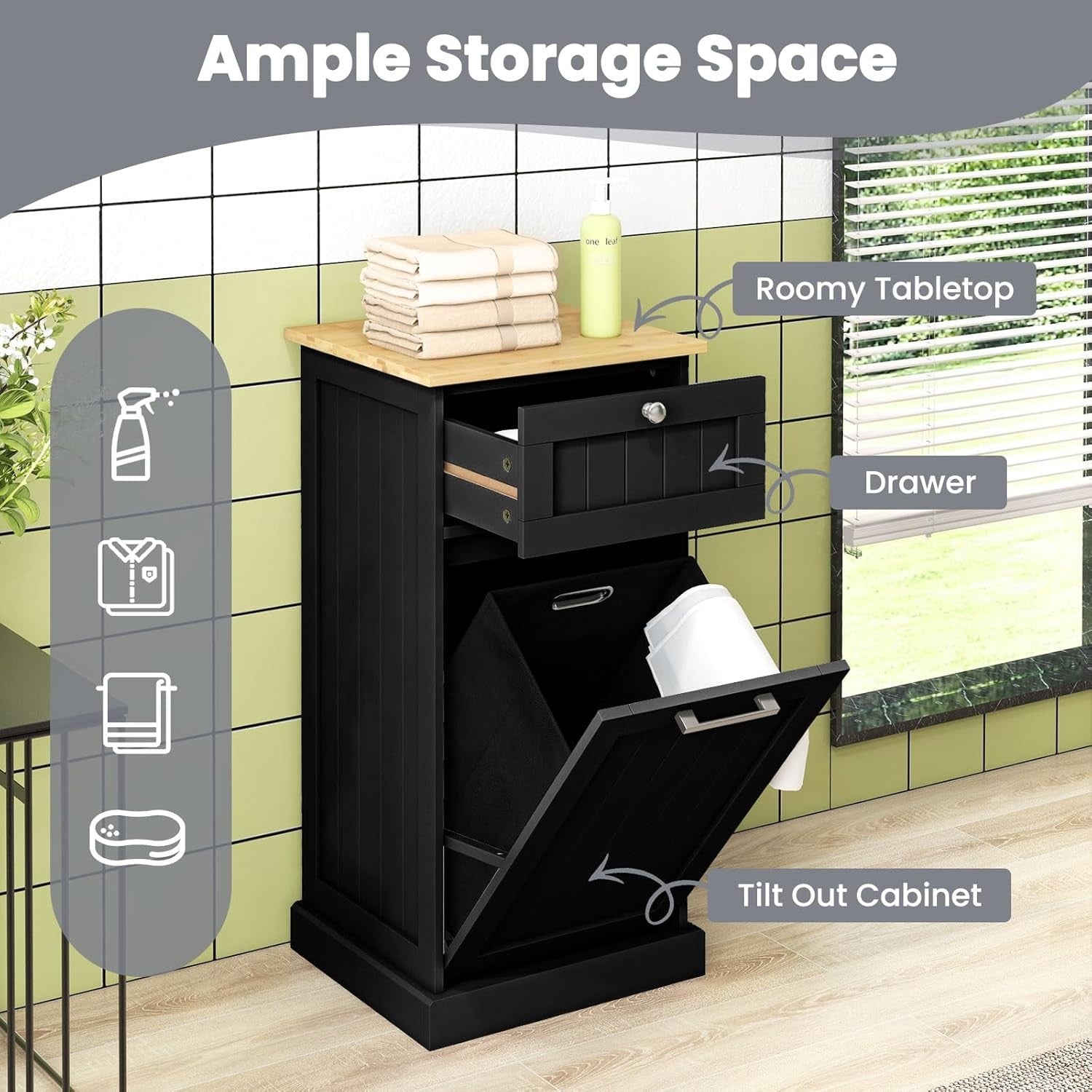 Black Tilt-Out Laundry Cabinet with Drawer & Removable Hamper | Freestanding Bat