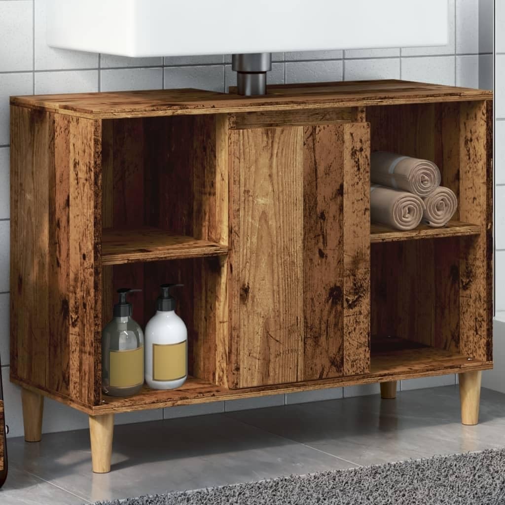 Rustic Old Wood Bathroom Sink Cabinet – Vintage Vanity Unit with Shelves 80cm (S