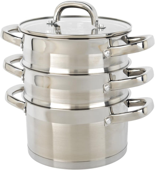 3 Tier Stainless Steel Induction Steamer Pot – 18 cm Stackable Cooking Pans
