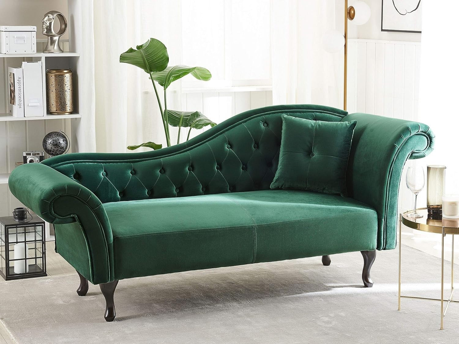 Vintage Right Hand Green Velvet Chaise Lounge Tufted Luxury Seating