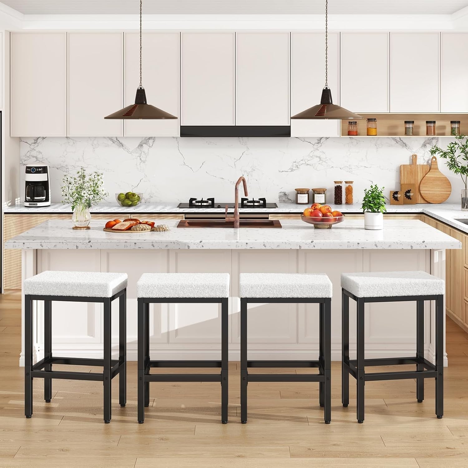 4-Piece White Bar Stools Set with Metal Legs, 66cm Counter Height Chairs Set