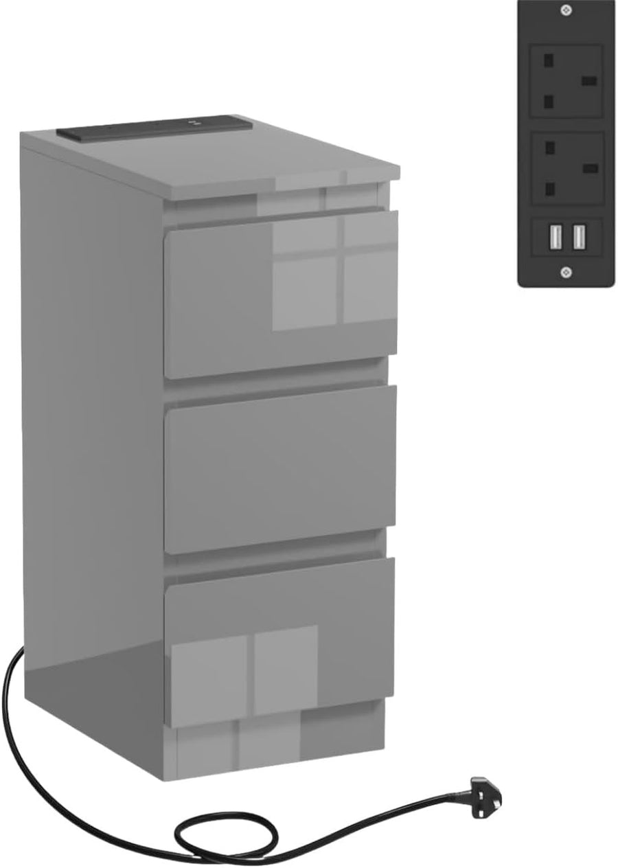 Grey Charging Bedside Table with USB Ports, Slim 3-Drawer Narrow Nightstand