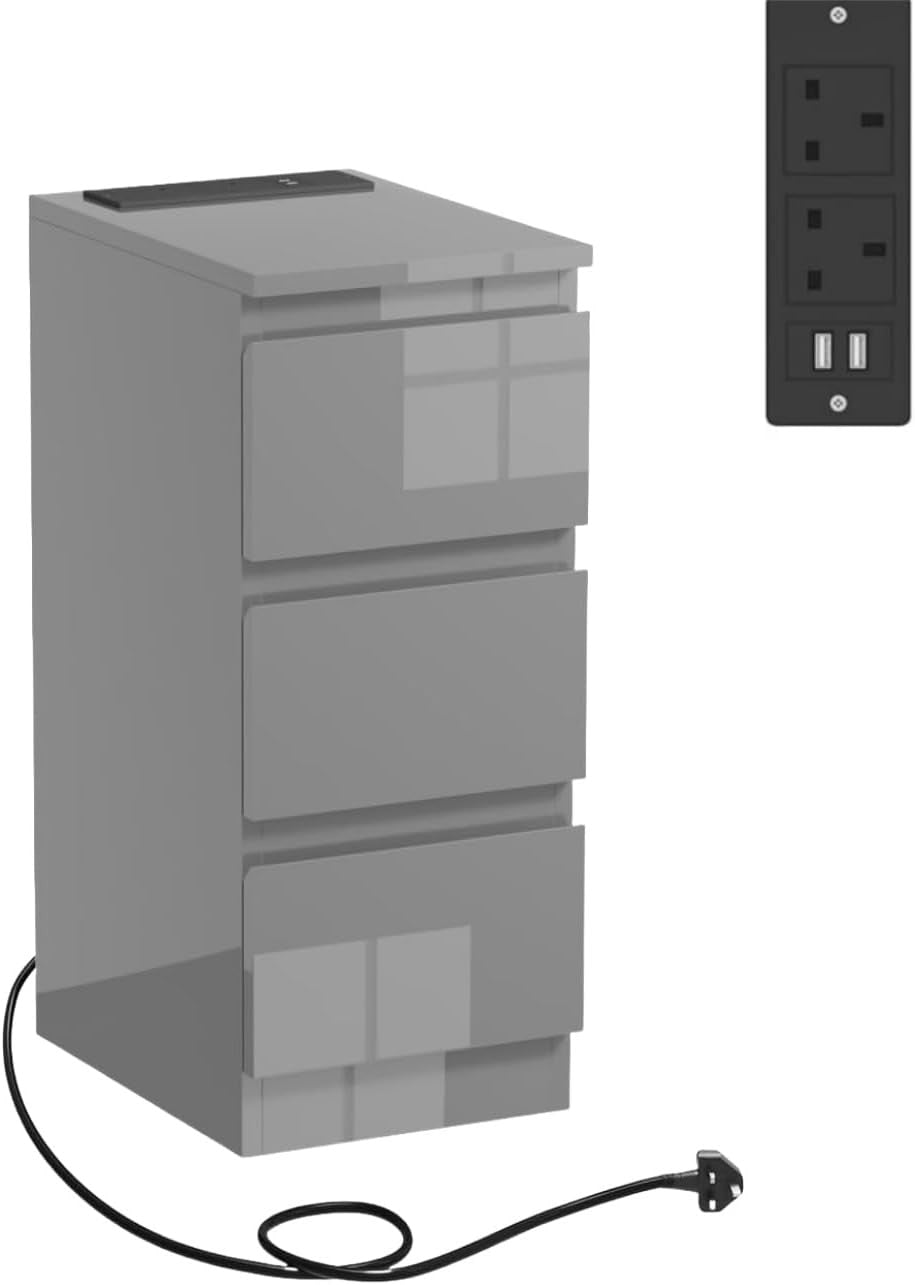 Grey Charging Bedside Table with USB Ports, Slim 3-Drawer Narrow Nightstand