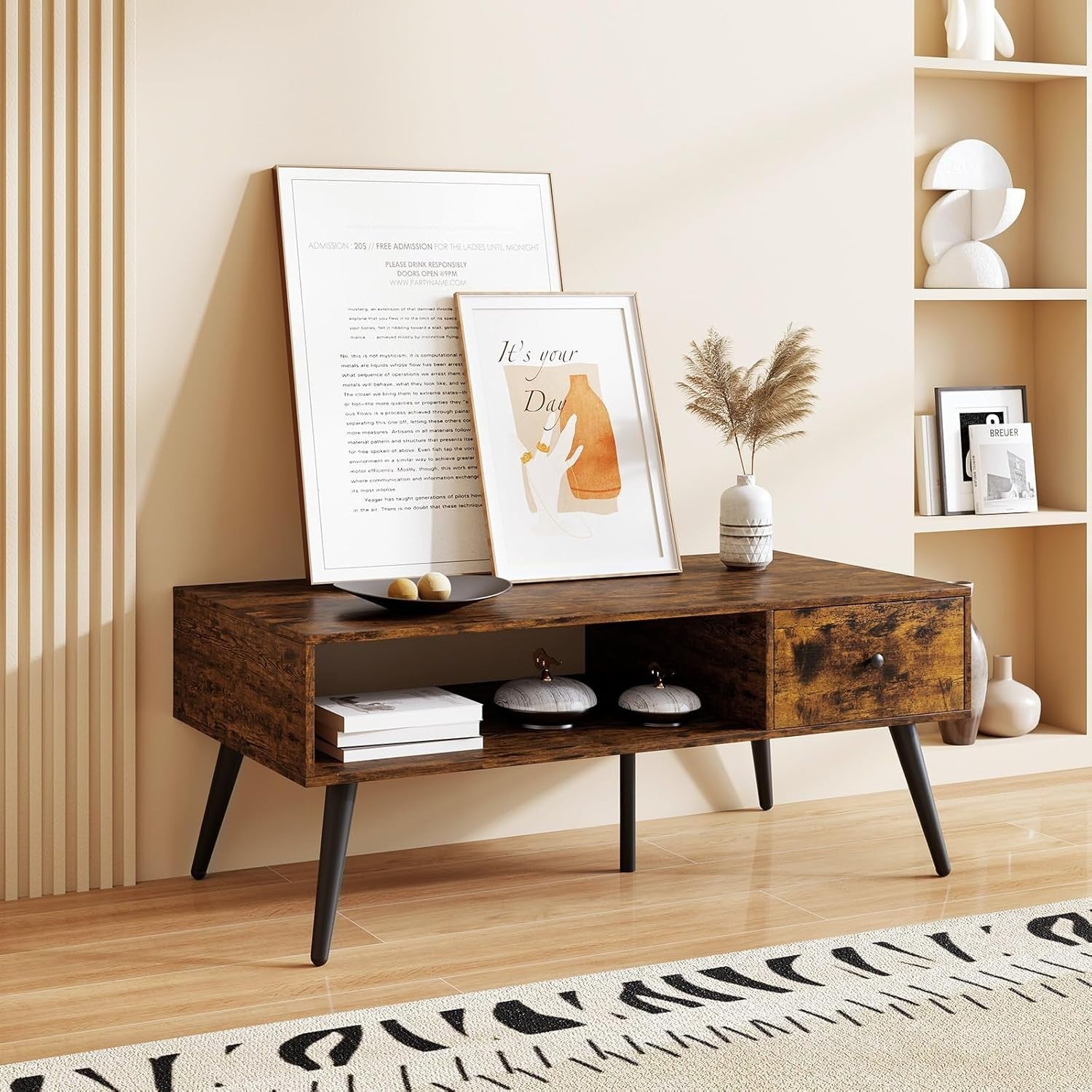 Rectangular Coffee Table with Drawer & Shelf, Rustic Brown 109x55x42cm