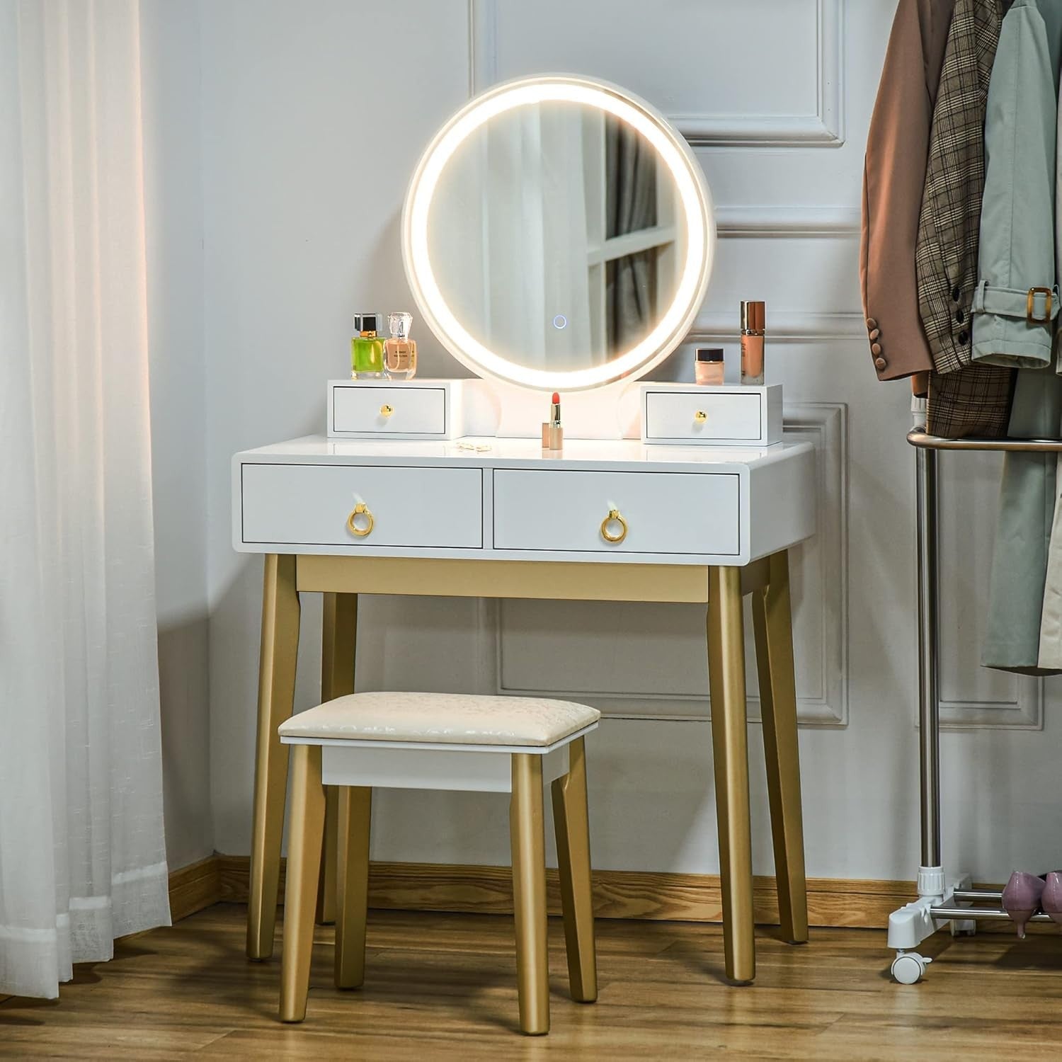 White Dressing Table LED Mirror Vanity Makeup Desk Stool 4 Drawers Set Modern