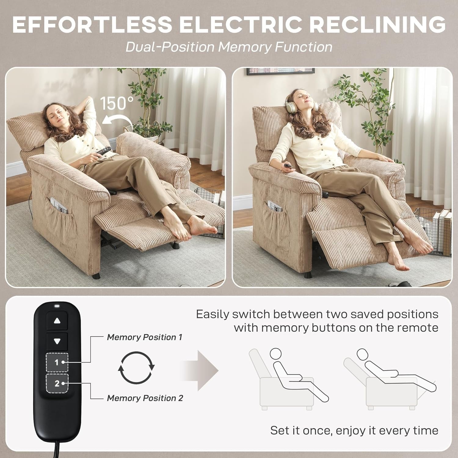 Electric Massage Recliner Chair Heat USB Corduroy Power Recliner Brown