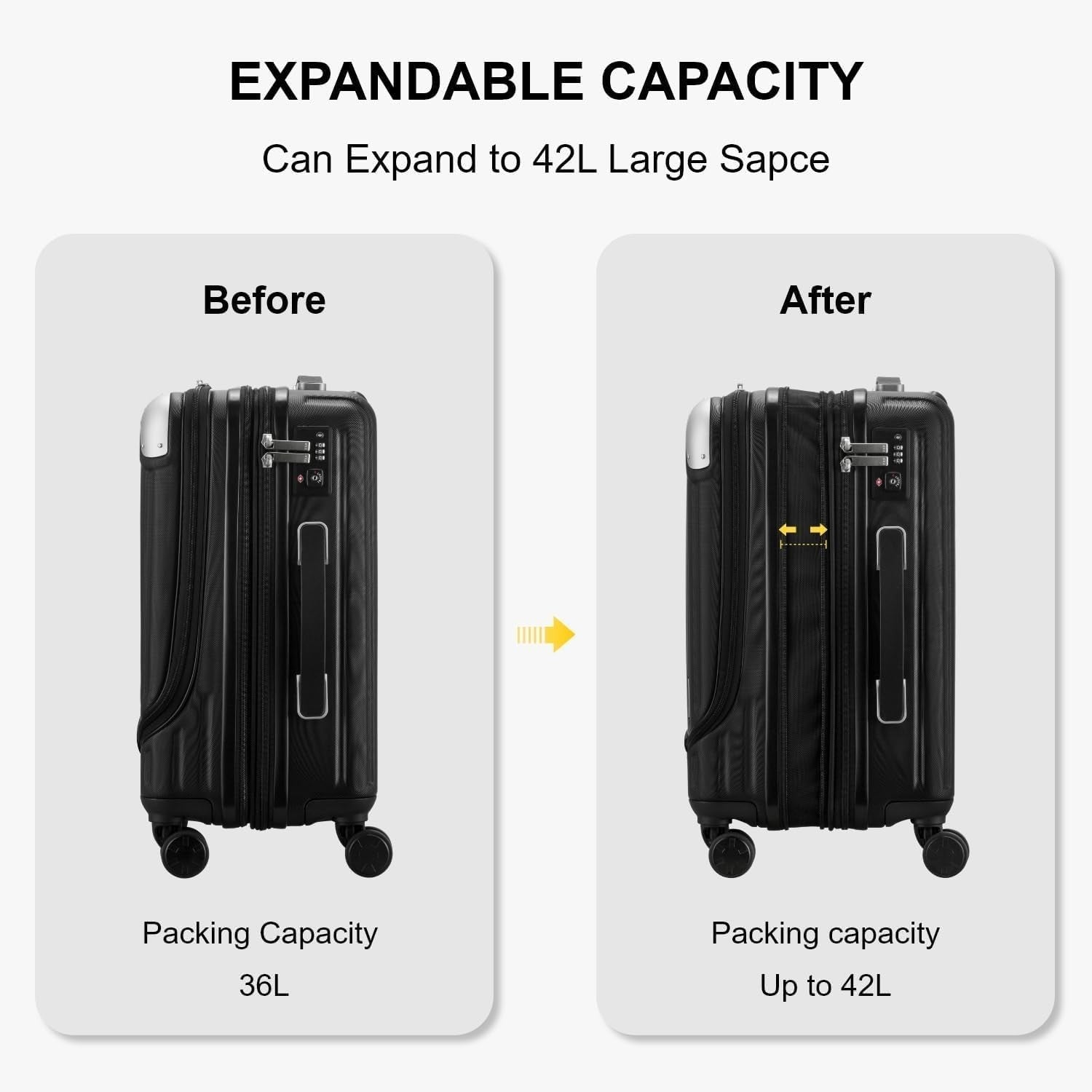 55cm Expandable Cabin Suitcase ABS PC 4 Wheel TSA Laptop + Organiser Set
