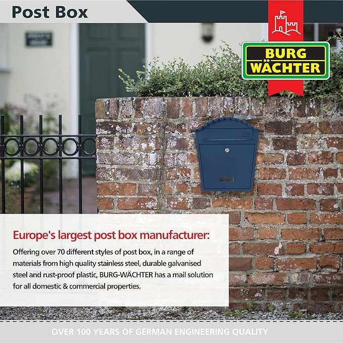 Wall Mounted Lockable Steel Post Box Midnight Blue Weatherproof 36x37x13cm
