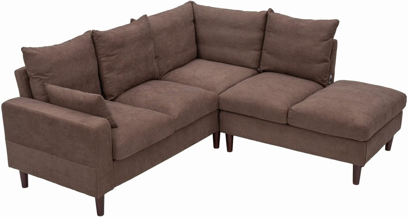 5 Seater L-Shape Corner Sofa w/ Chaise & USB Port – Brown Linen Modern
