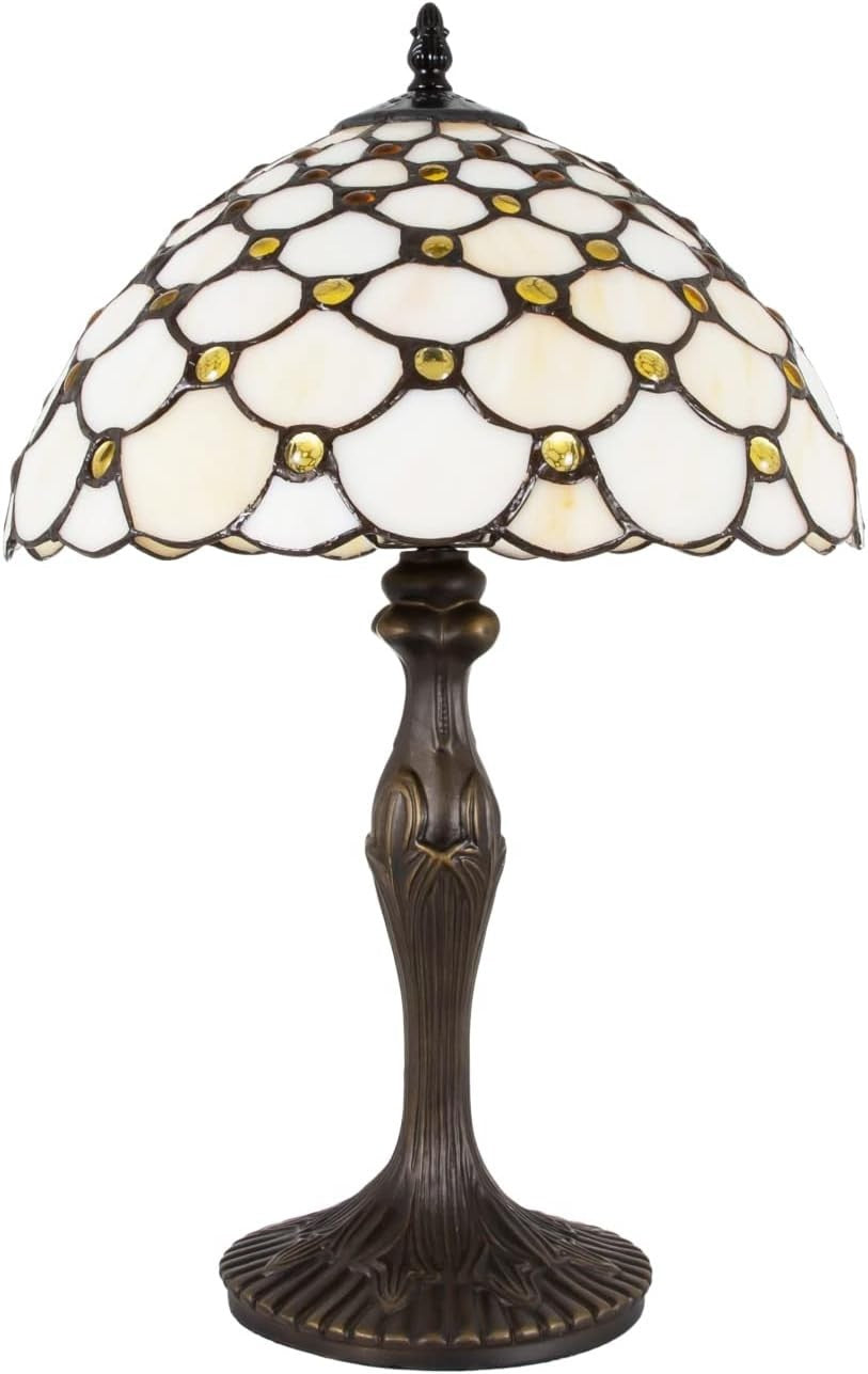 Vintage Stained Glass Tiffany Table Lamp Amber Beads 12” Handmade Light