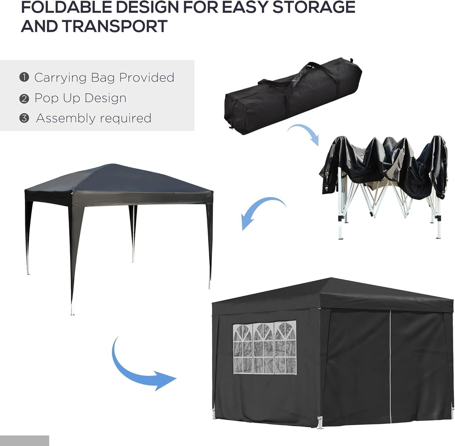 3x3m Pop Up Gazebo Garden Party Tent Waterproof w/ Sidewalls Black