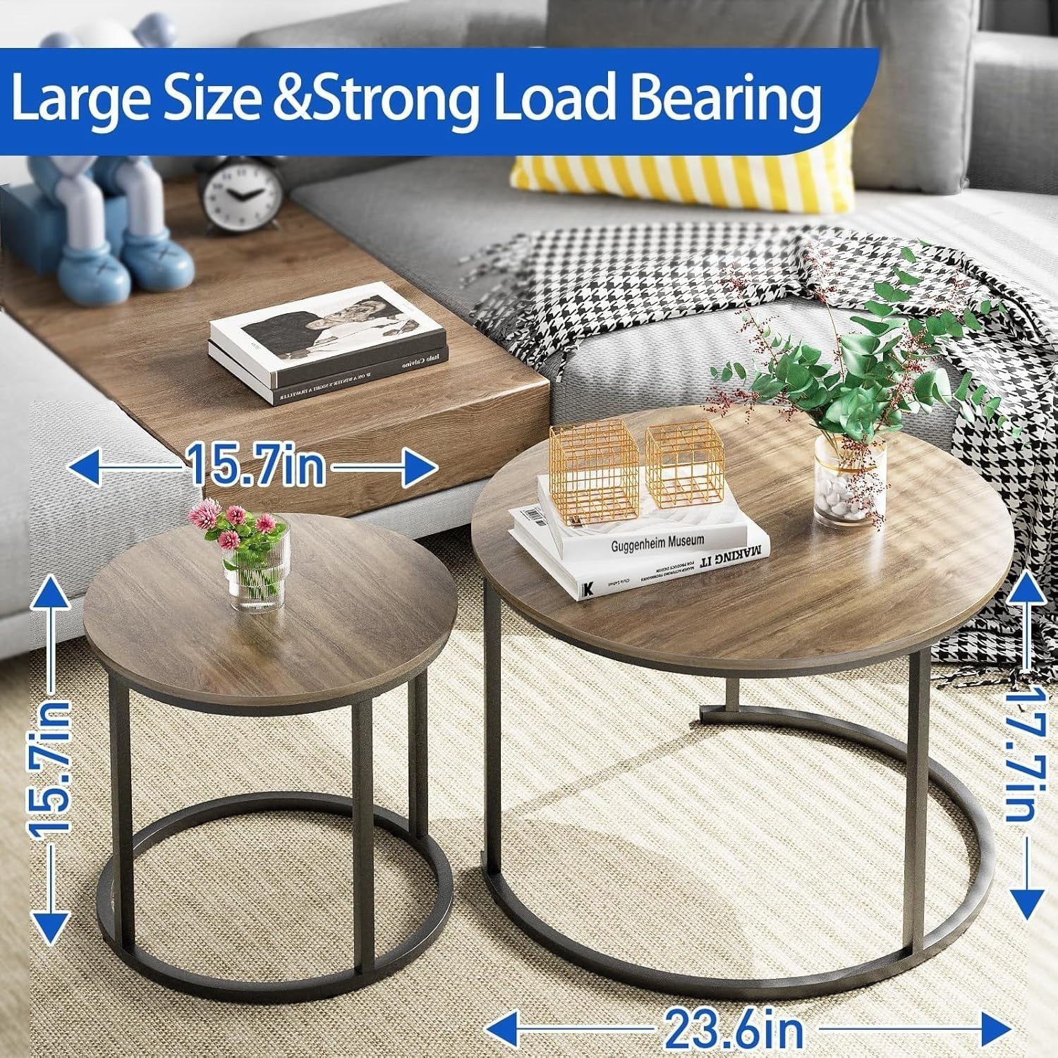 Nesting Coffee Table Set 2 Round End Side Tables Sled Base Oak Black Metal