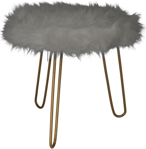 Grey Faux Fur Vanity Stool Round Gold Hairpin Legs Modern Accent Seat