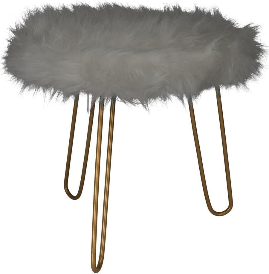 Grey Faux Fur Vanity Stool Round Gold Hairpin Legs Modern Accent Seat