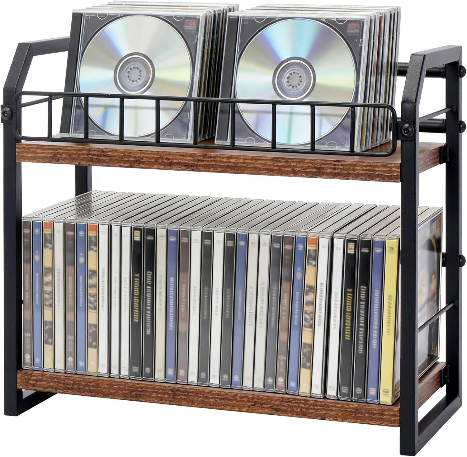 2 Tier CD DVD Storage Rack Wooden Media Organizer Holds 70 Discs Brown