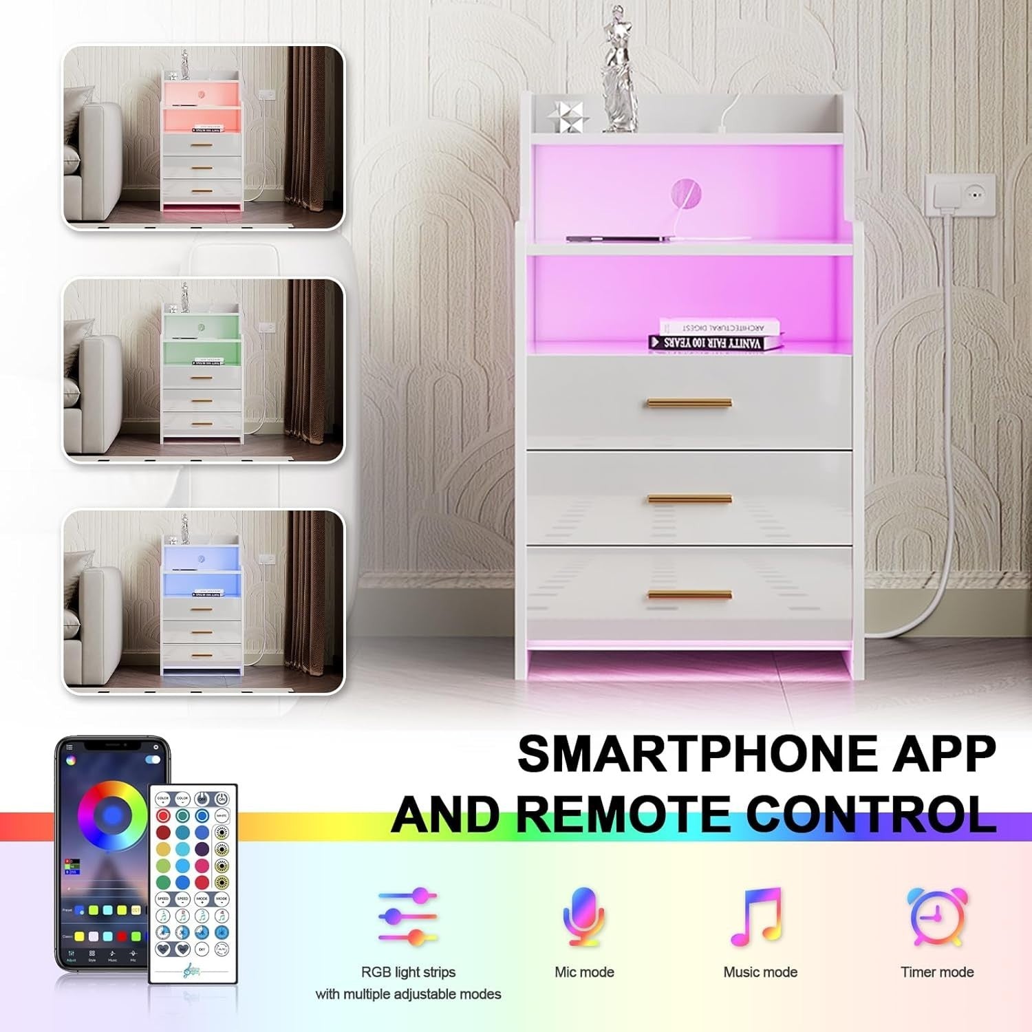 Modern LED Bedside Table with USB Charging, 3 Drawers + Shelf