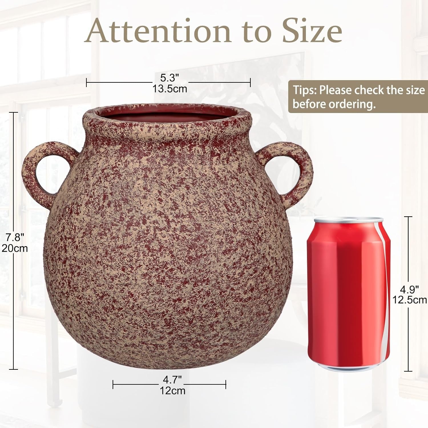 Rustic Ceramic Vase with Handles Farmhouse Urn Table Centrepiece Decor