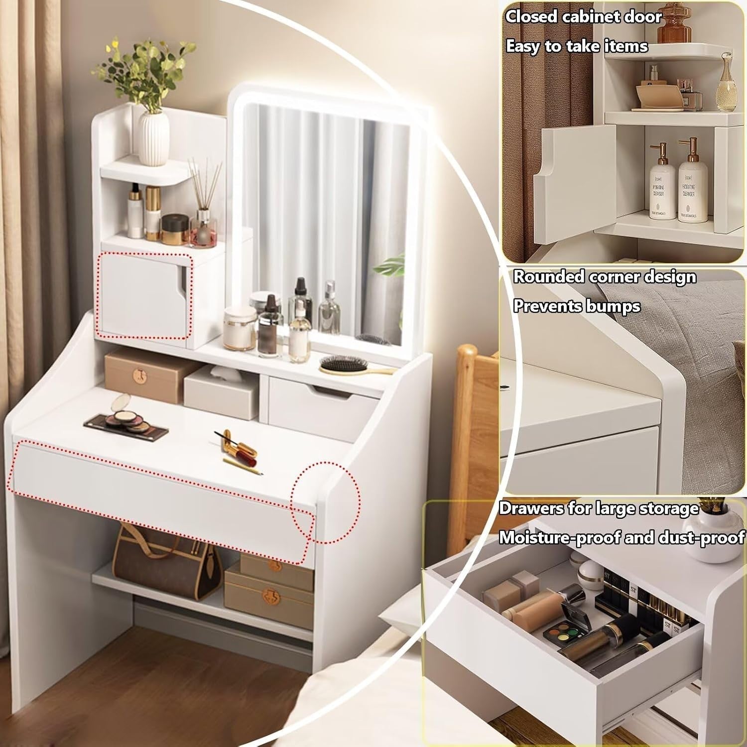 Modern Dressing Table with Mirror & Lights – Makeup Vanity Desk with Drawers – A