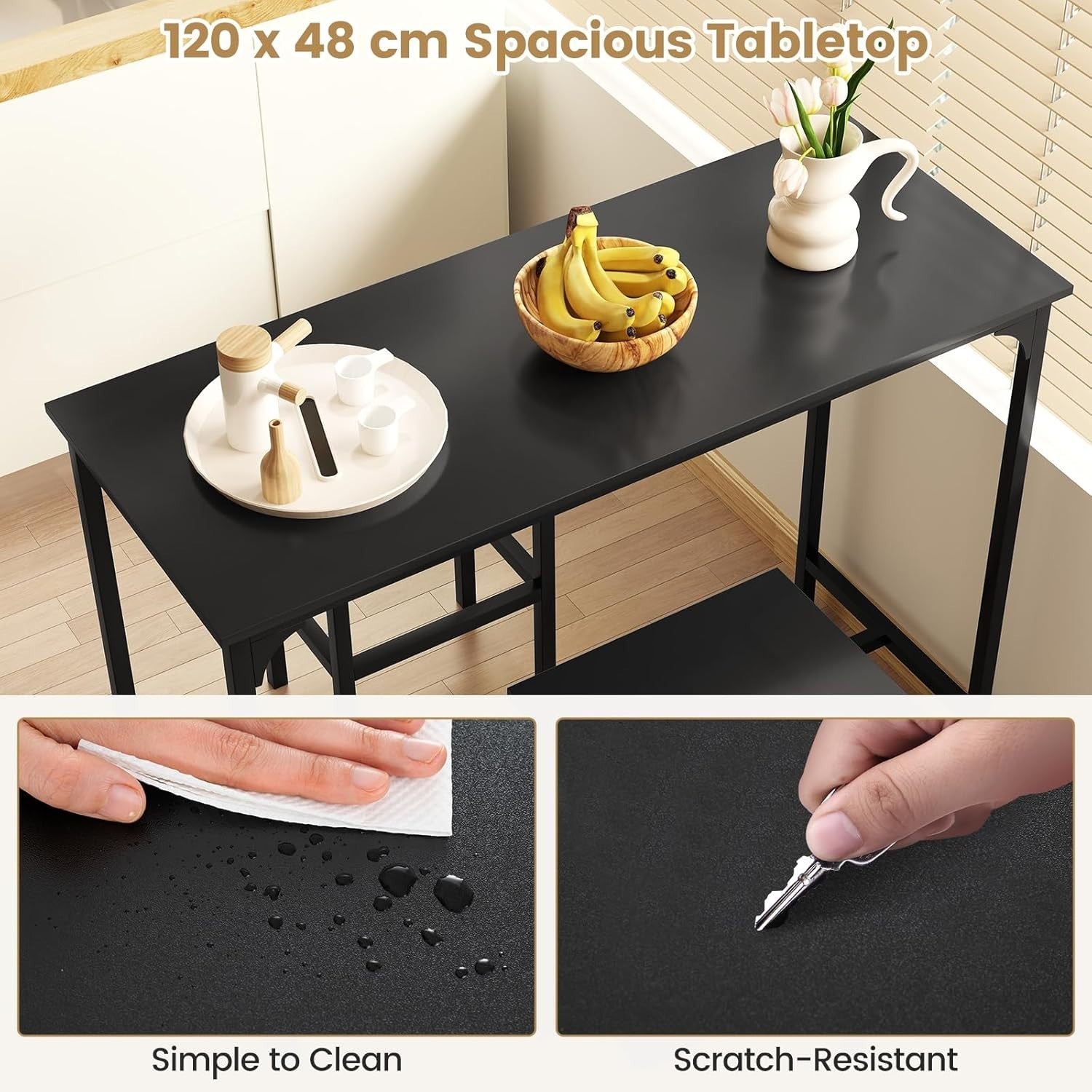 3PCS Bar Table Set with 2 Stools Counter Height Dining Set Space Saving Black