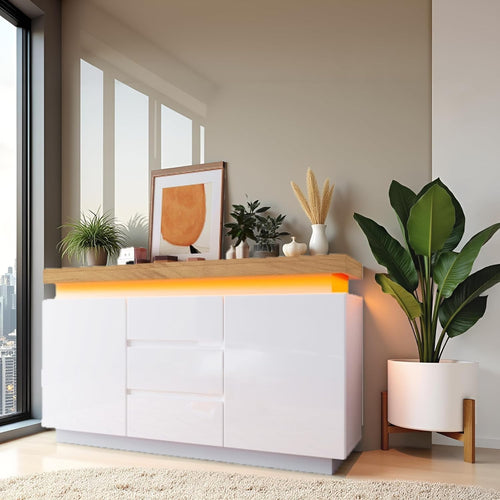 White High Gloss Sideboard Cabinet 140cm LED App RGB 4 Door Storage Unit
