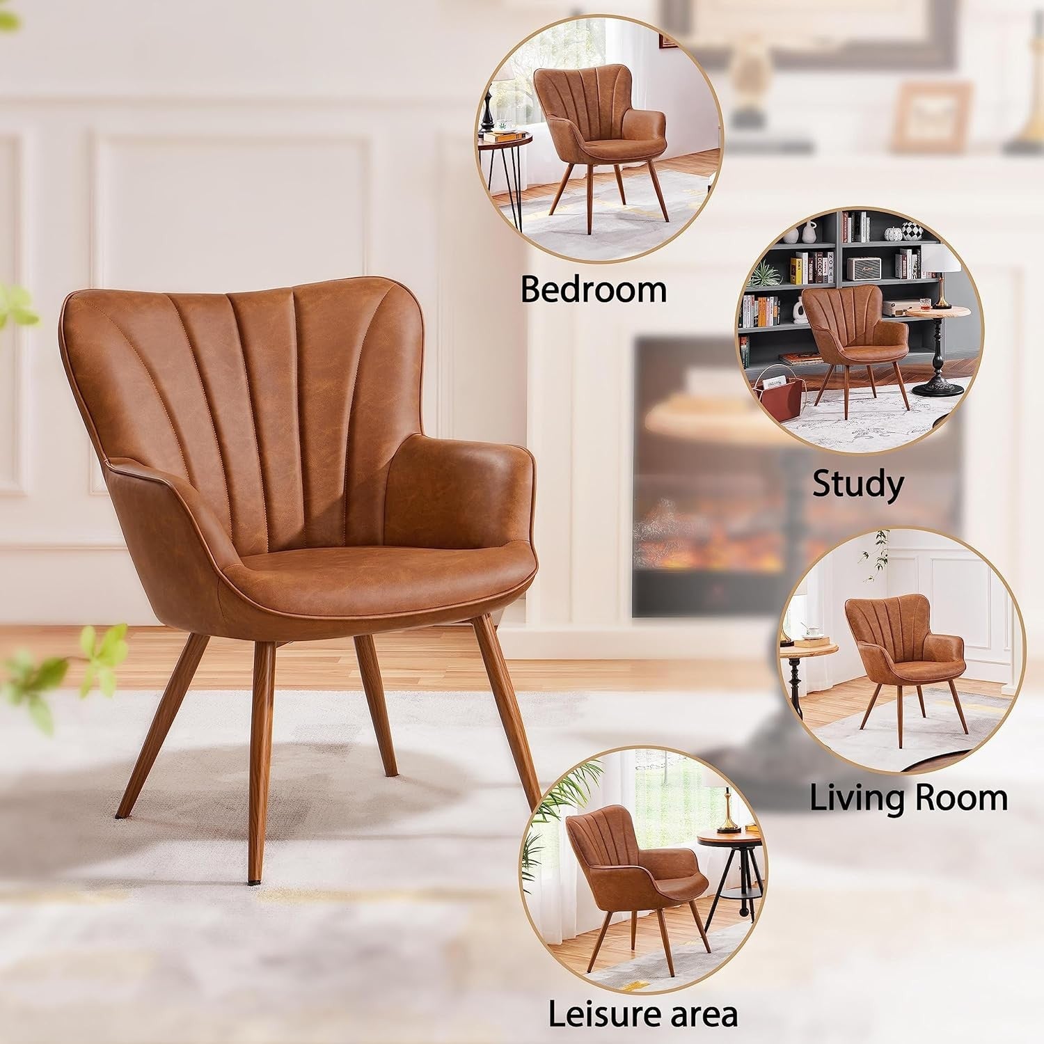 Retro Brown PU Leather Tub Chair Curved Back Accent Armchair