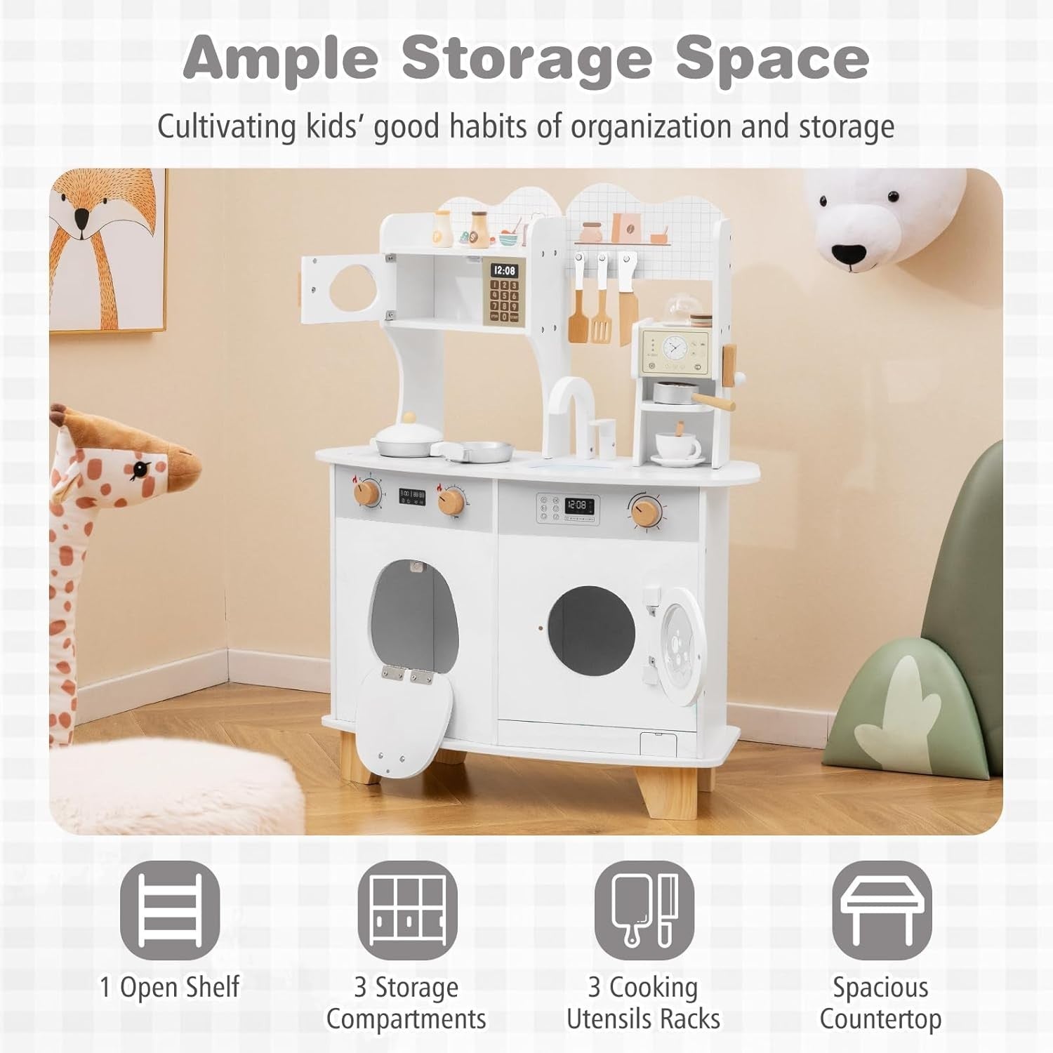 Kids Wooden Play Kitchen w/ Coffee Maker Microwave White Toy