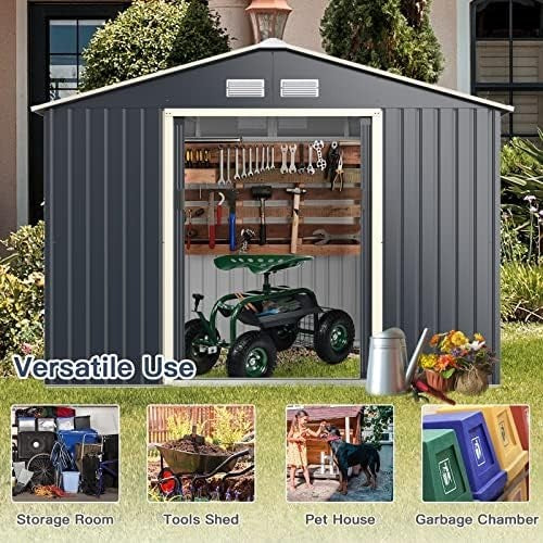 Metal Garden Storage Shed 9x6ft Waterproof Outdoor Tool Shed, Sliding Doors Grey