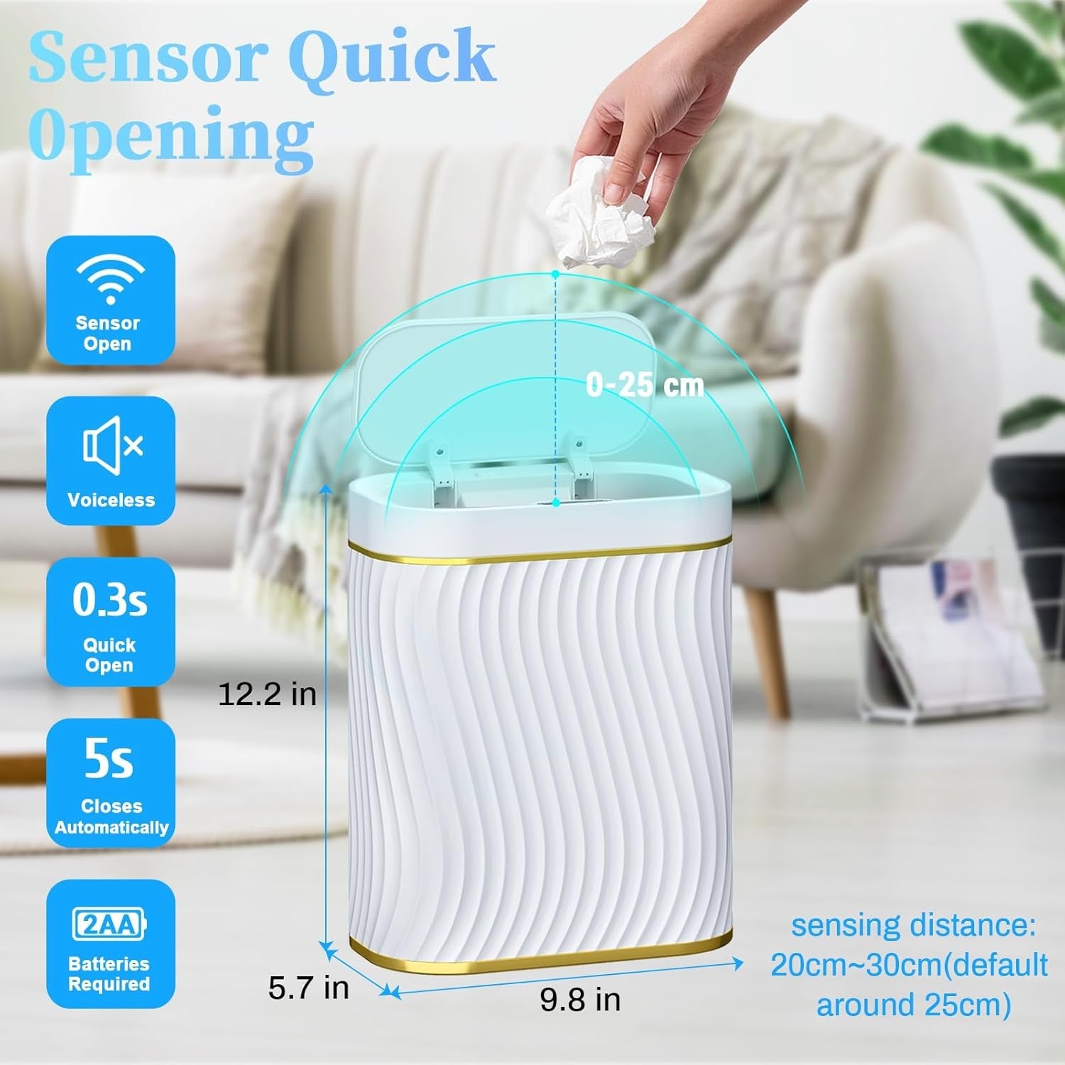 Automatic Touchless Bathroom Bin 2.6 Gallon Motion Sensor Slim White