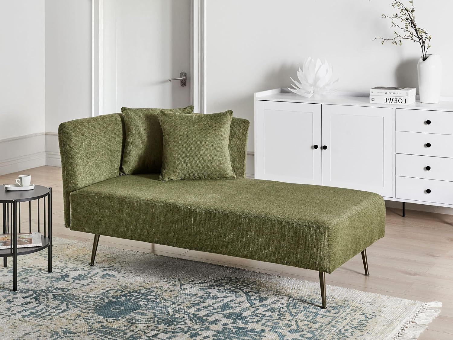 Modern Left Hand Chaise Lounge Green Polyester Fabric Cushions Wood Frame