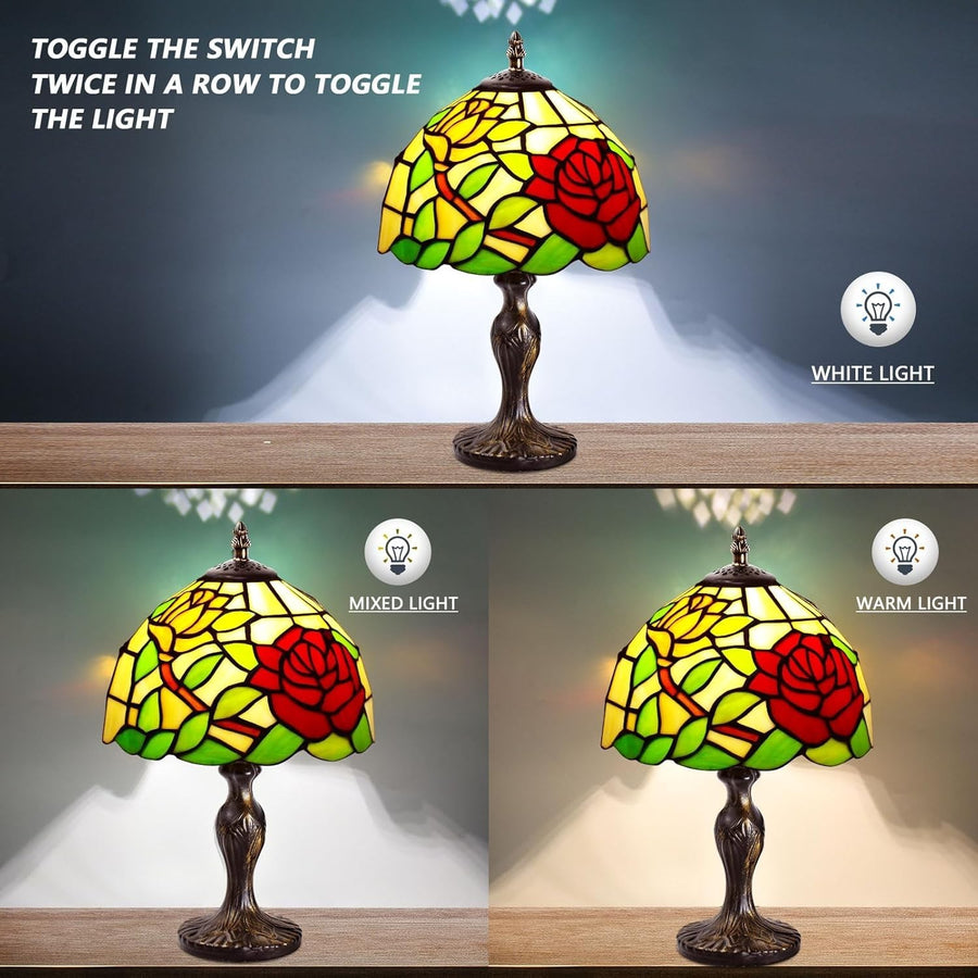 Stained Glass Table Lamp Vintage Rose Design for Bedroom Office Decor