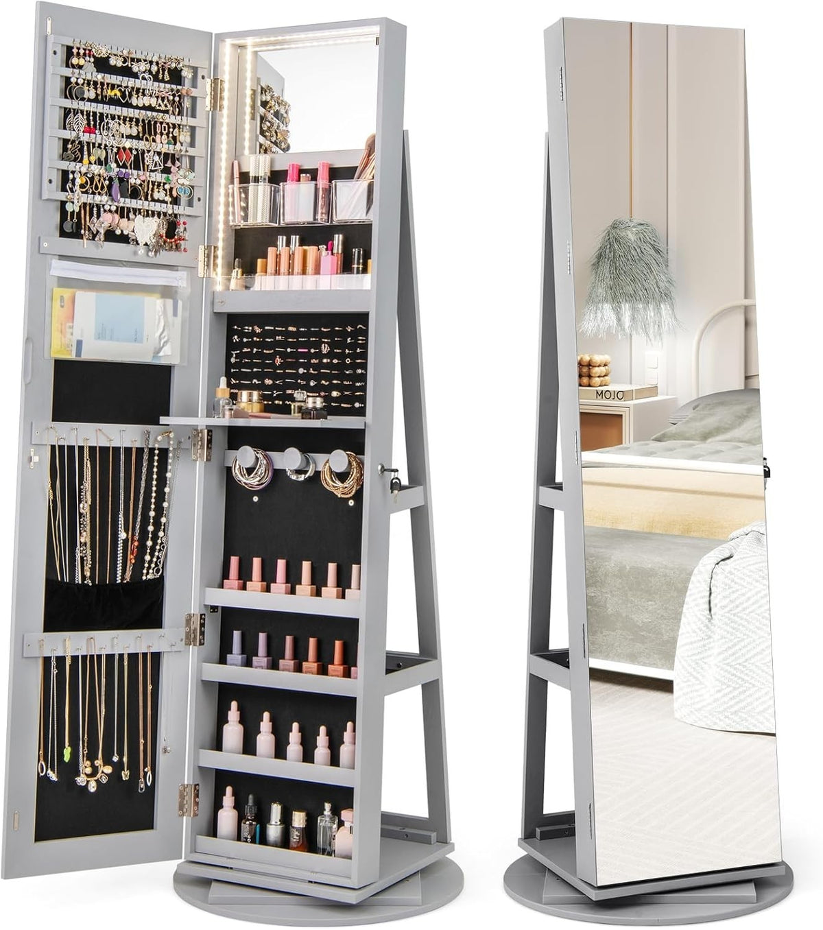 Grey Rotating Jewelry Cabinet LED Light Mirror Lockable Storage Unit