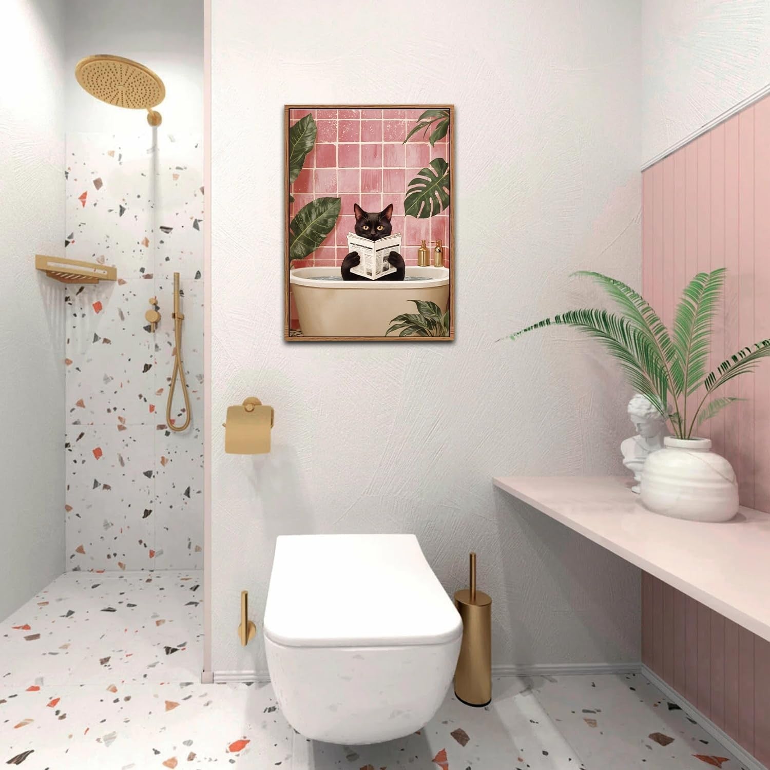Funny Black Cat Bathroom Framed Canvas Wall Art Set 3 Pink Green Toilet Decor