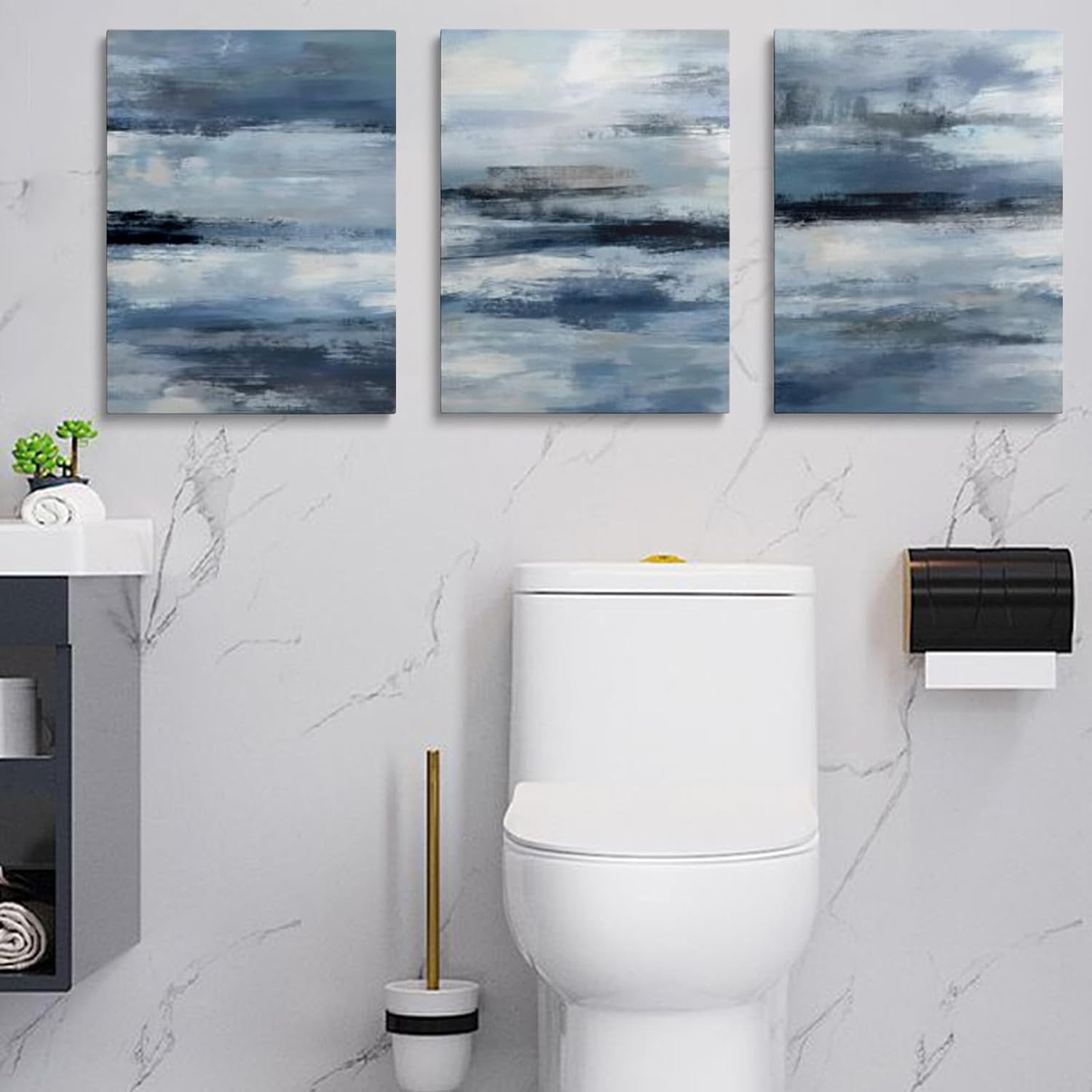 Set of 3 Abstract Canvas Wall Art Blue Grey 40x30cm Framed
