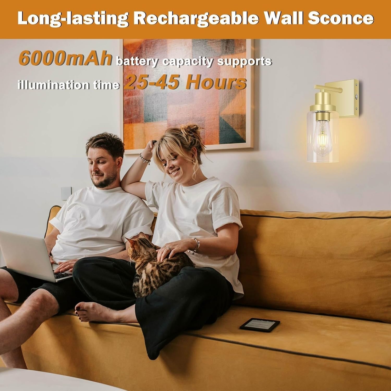 Gold Wall Sconce Lights 2-Pack, Rechargeable LED, Remote, Dimmable