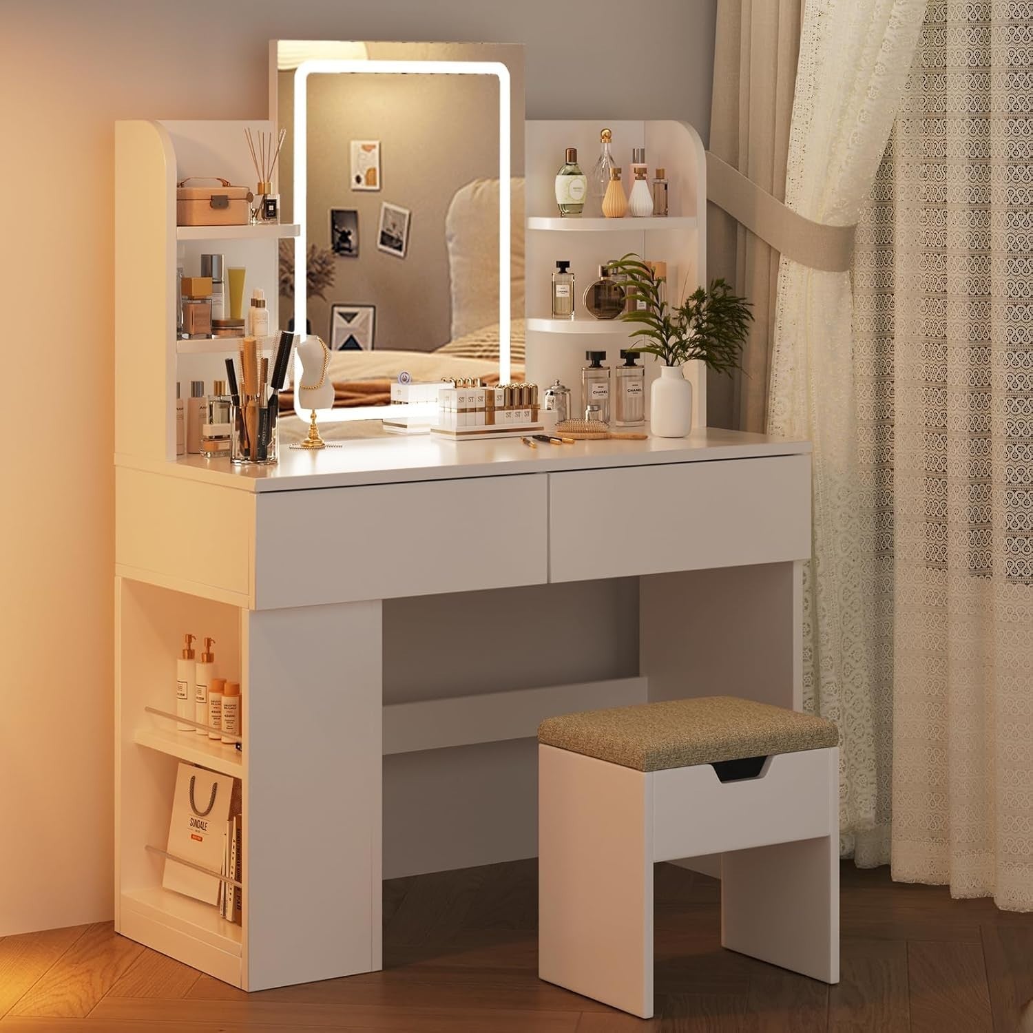 Modern Vanity Dressing Table Set White LED Mirror Stool Storage Drawers Shelves