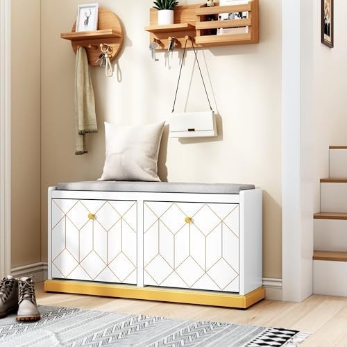White Shoe Storage Bench with Cushion & Flip-Drawer for Hallway Entryway